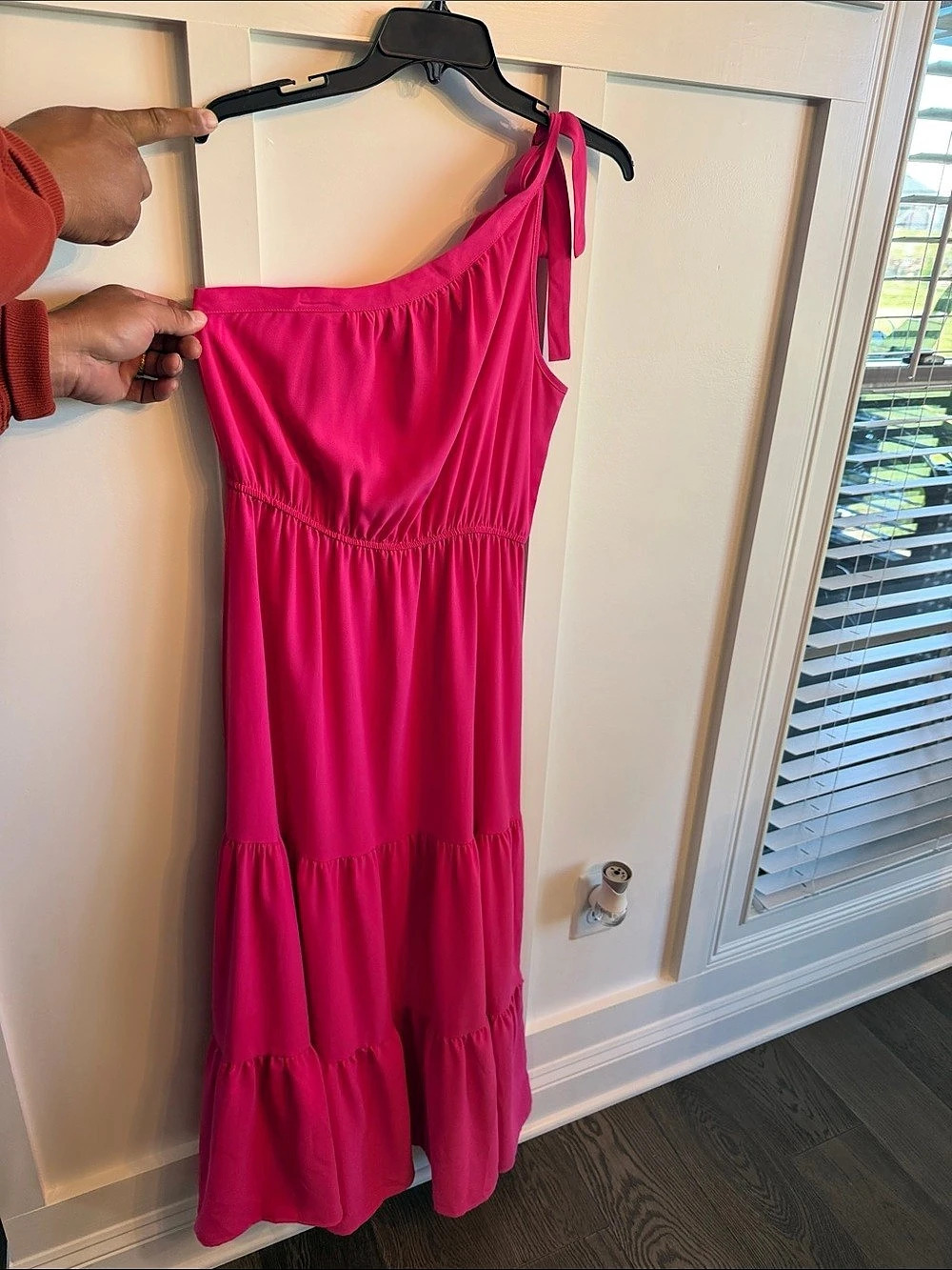 Prettygarden Women's One Shoulder Tiered Ruffle Midi Dress Pink Medium